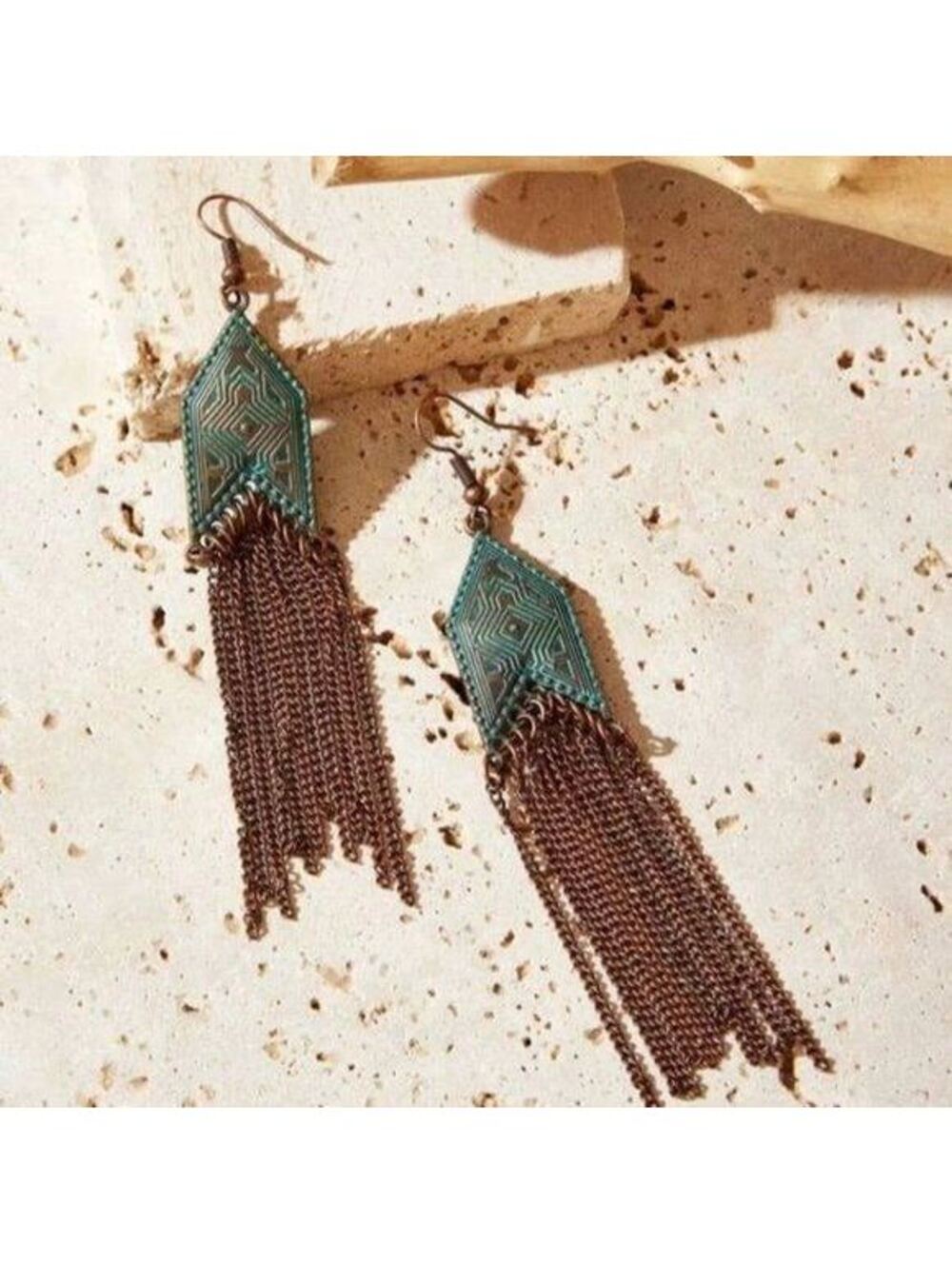 Rustic Antique Copper Verdigris Green Blue Patina Long Chain Dangle Earrings
